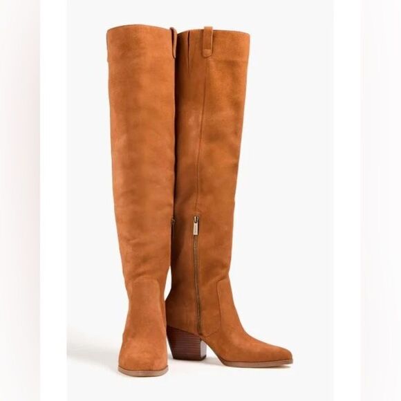 NWOB Michael Kors Harlow Brown Suede Cuban Heel Over The Knee Boots size 5.5 - Picture 2 of 13